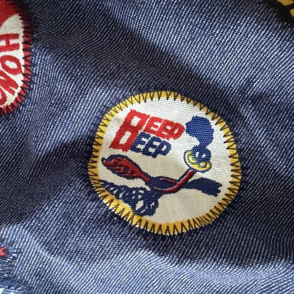 Vtg 1960's Patch Logo Denim‎ Look Twin Bedspread STP Roadrunner Red Baron Smiley